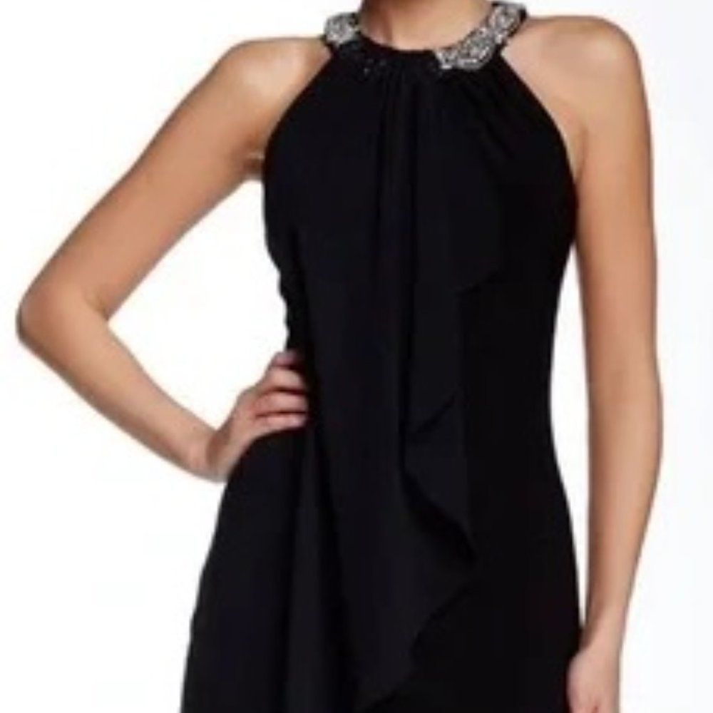 Adrianna Papell Black Ruffle Draped Embellished Beaded Cocktail Party Dress Sz 8
